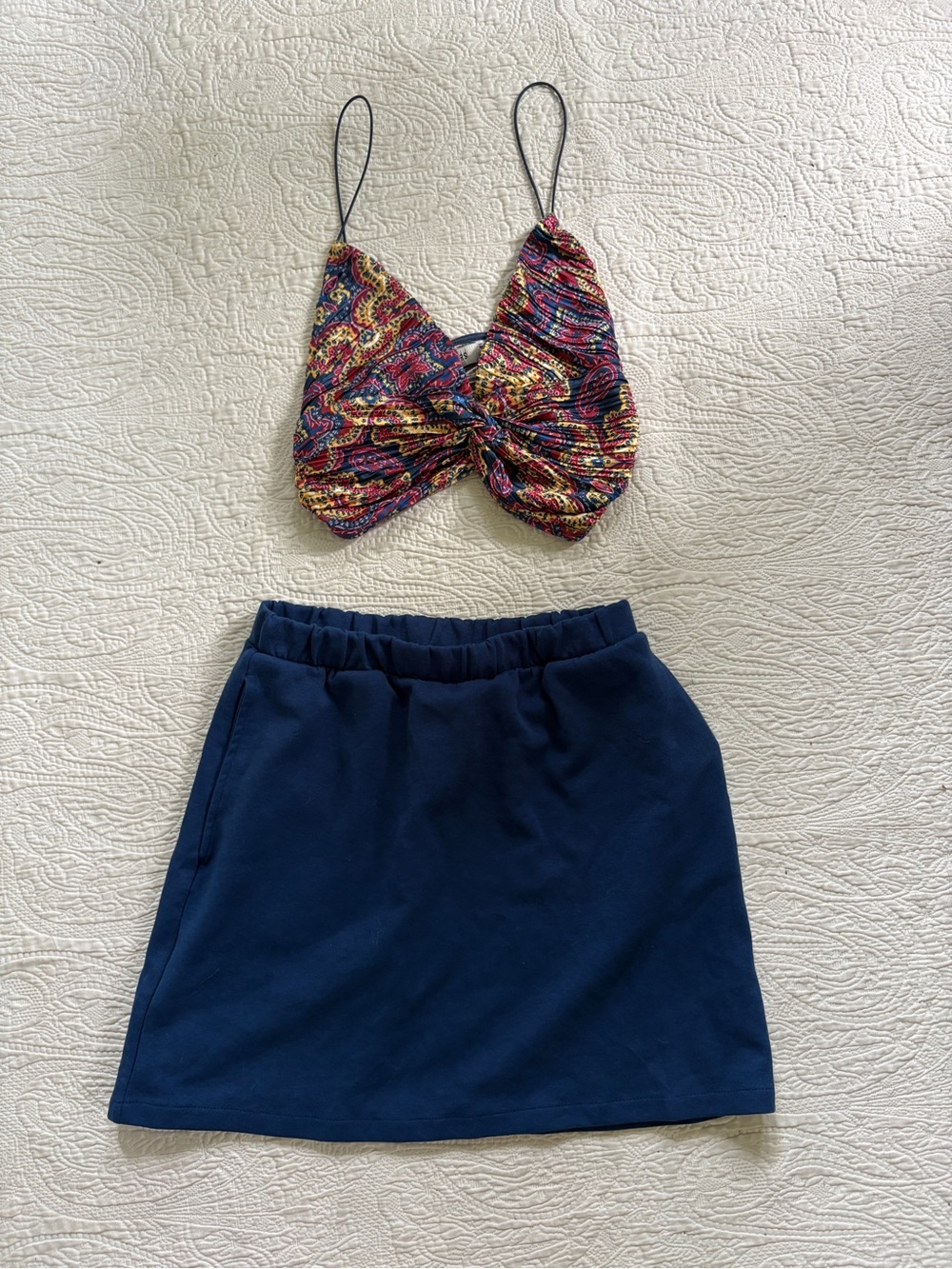 Twisted Front Crop Top w/ Navy Skirt Set by Zara and Urban Outfitters - Small